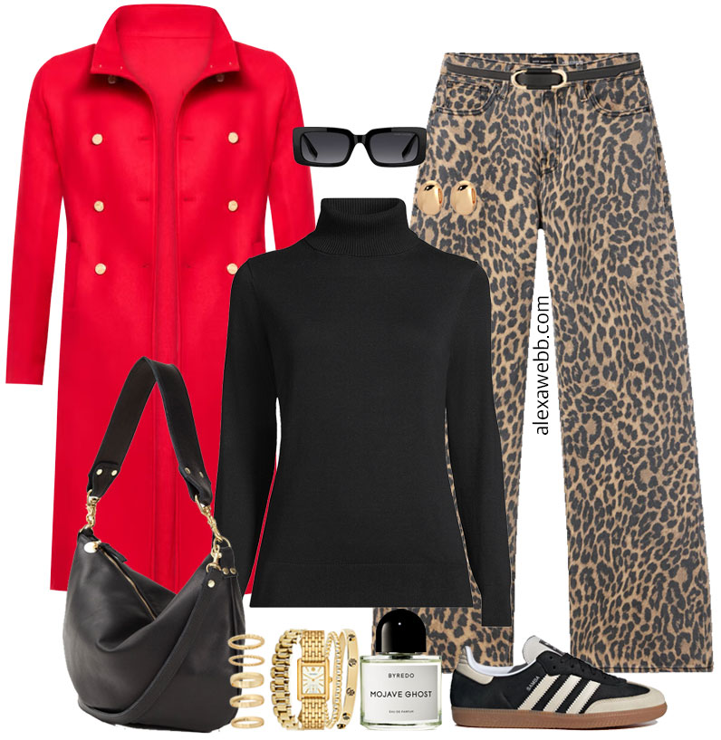 Plus Size Leopard Pants Outfits - A plus size casual outfit for fall and winter with plus size leopard print pants, a black turtleneck, bright red coat, and trendy adidas sneakers. This look is so cute and on trend for cold weather! Alexa Webb