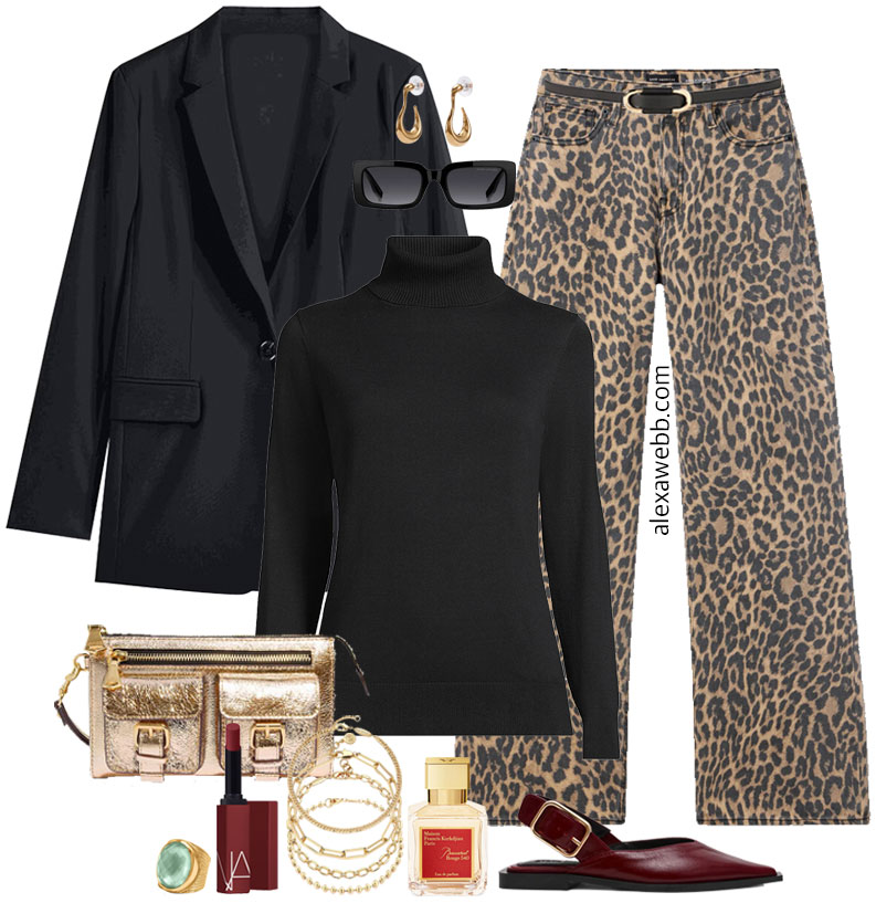 Plus Size Leopard Pants Outfits - A plus size casual outfit for fall and winter with plus size leopard print pants, a black turtleneck, oversized black blazer, and trendy burgundy slingback flats. This look is great for day or night. Alexa Webb