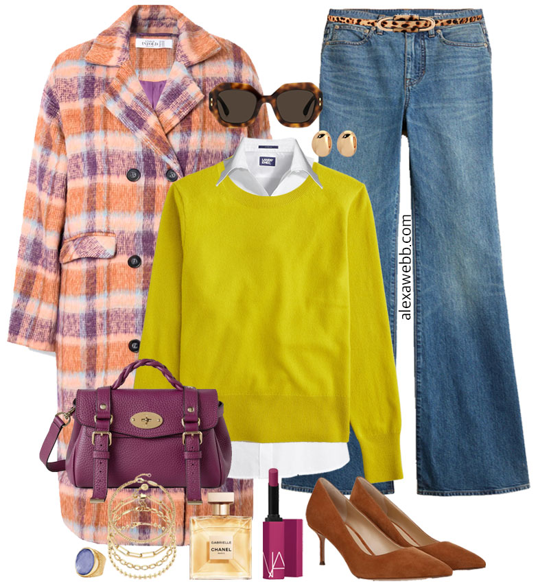 Plus Size Chartreuse Sweater Outfit - A plus size casual outfit idea with plus size flared jeans, a chartreuse cashmere sweater, and plum purple bag. Top with a bright bold colorful coat as needed. So cute and trendy for fall and winter. Alexa Webb