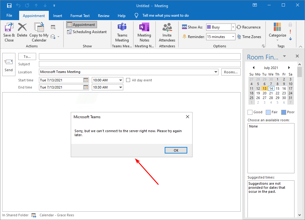Close microsoft teams from the task manager · 3. Teams Delegate Schedule Error In Outlook Ali Tajran