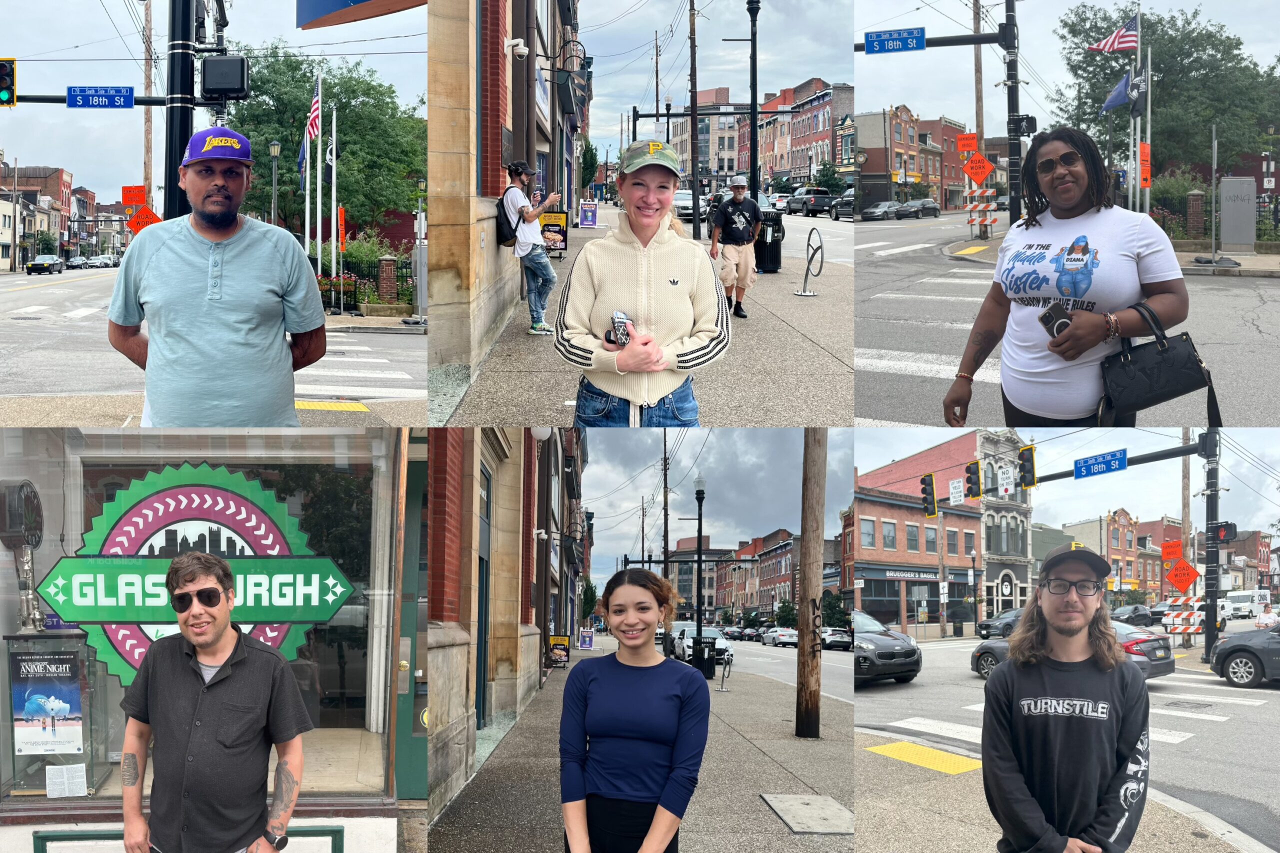 A collage of pictures of people on a city street.