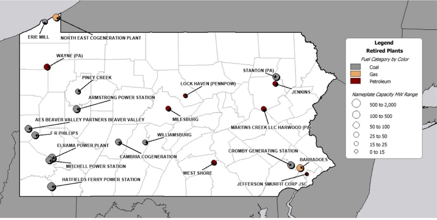 Map of Pennsylvania with counties outlined and dots where a study is consdering reactivating a power plant