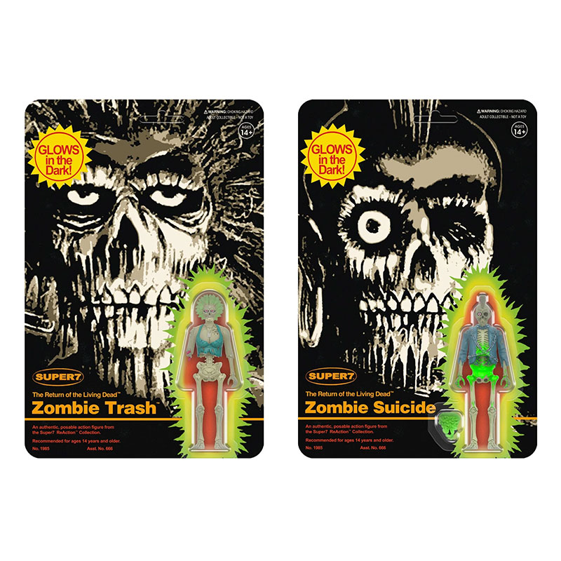 Zombie Trash and Zombie Suicide Monster Glow ReAction figures on cardbacks.