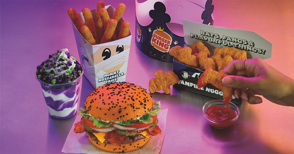 Franken-Candy Sundae, Mummy Mozzarella Fries, Jack-O-Lantern Whopper, and Vampire Nuggets