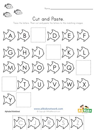 fish cut and paste missing letters worksheet all kids network