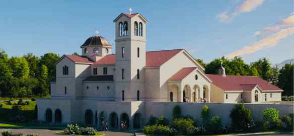 Architectural concept rendering of All Saints Orthodox Church featuring a domed roof, bell tower, and arched colonnade surrounded by trees and blue sky.
