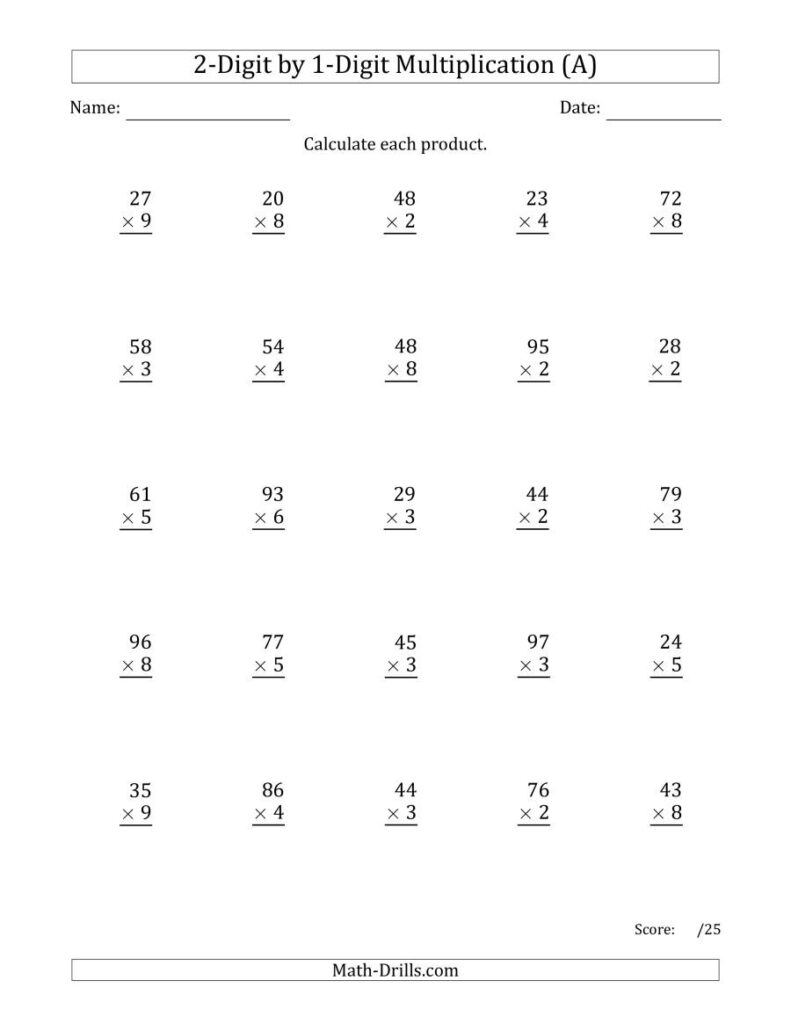 2 digit times 1 digit multiplication worksheets