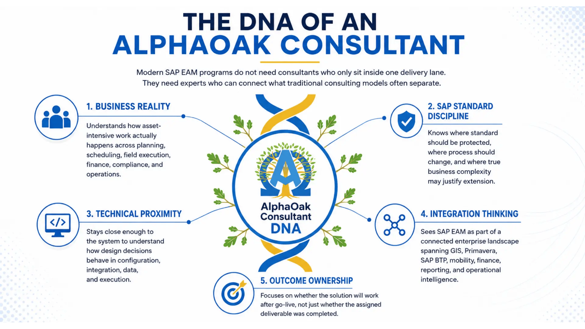 The DNA of an AlphaOak consultant: five traits — business reality, SAP standard discipline, technical proximity, integration thinking and outcome ownership.
