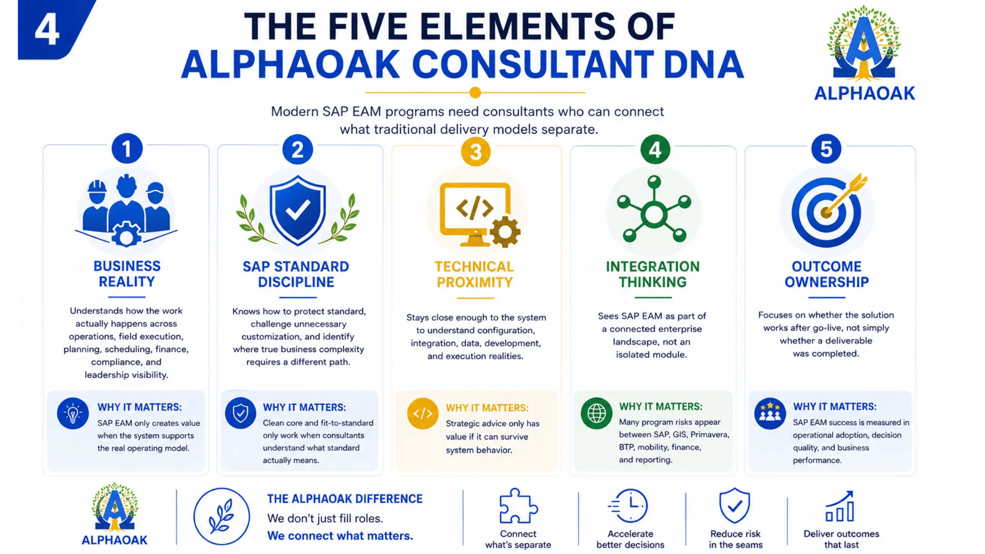 The five elements of AlphaOak consultant DNA, and why each one matters in SAP EAM delivery.