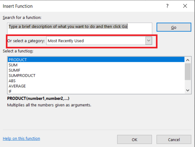 Excel Insert Function Menu