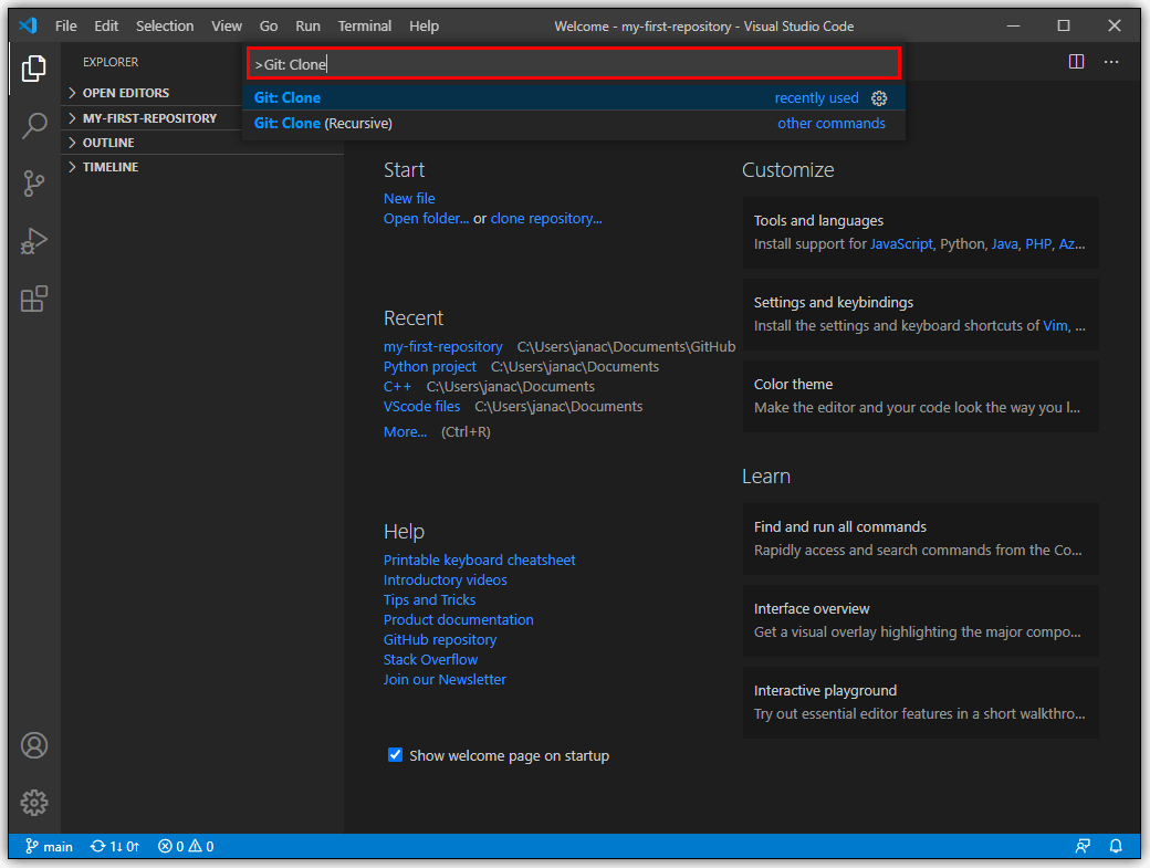 在 VS Code (Ctrl+Shift+P) 中打开终端并输入 Git: Clone <url>。其中 <url> 是您刚刚复制的存储库 URL。