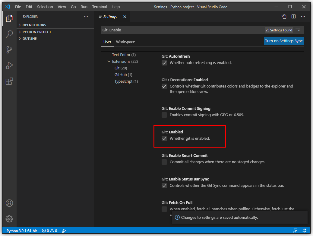 选中该框以确认 Git 已与 VS Code 集成。