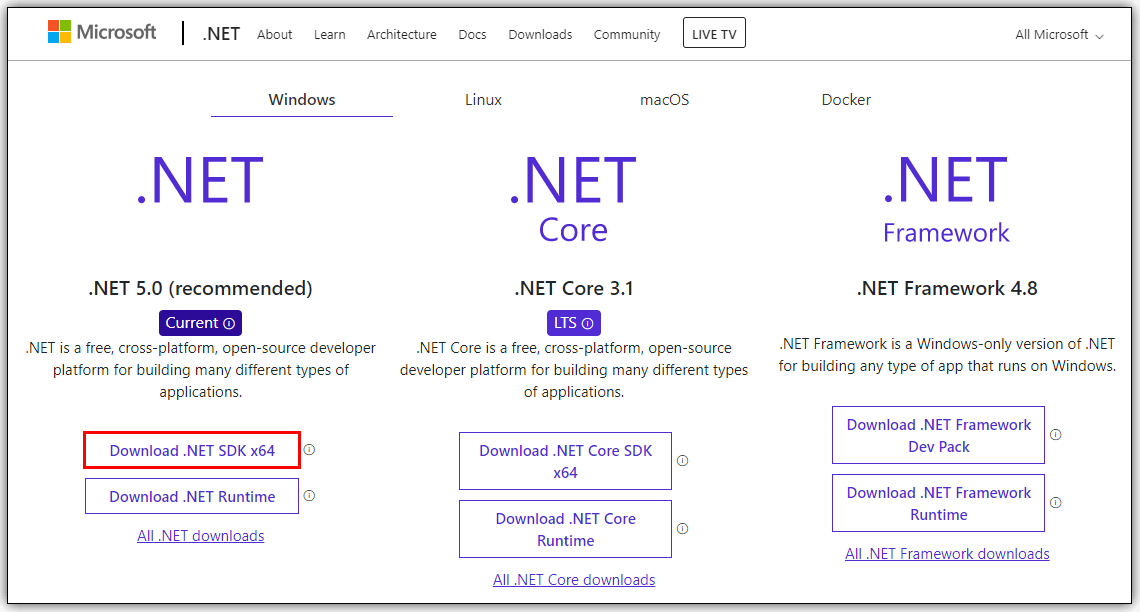 下载并安装 .NET SDK 5.0 或更高版本。选择下载文件时请使用适当的系统。