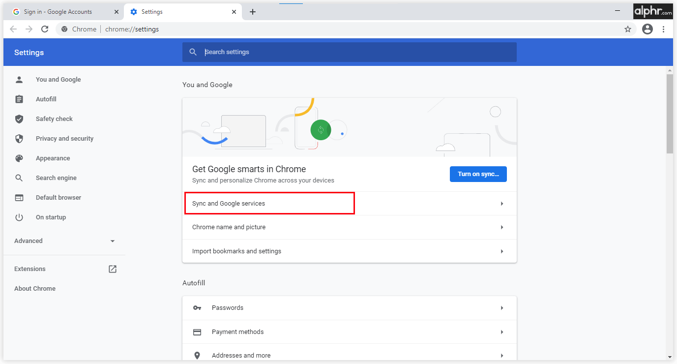 单击“同步和 Google 服务”,这是“设置”菜单中的第一个选项。