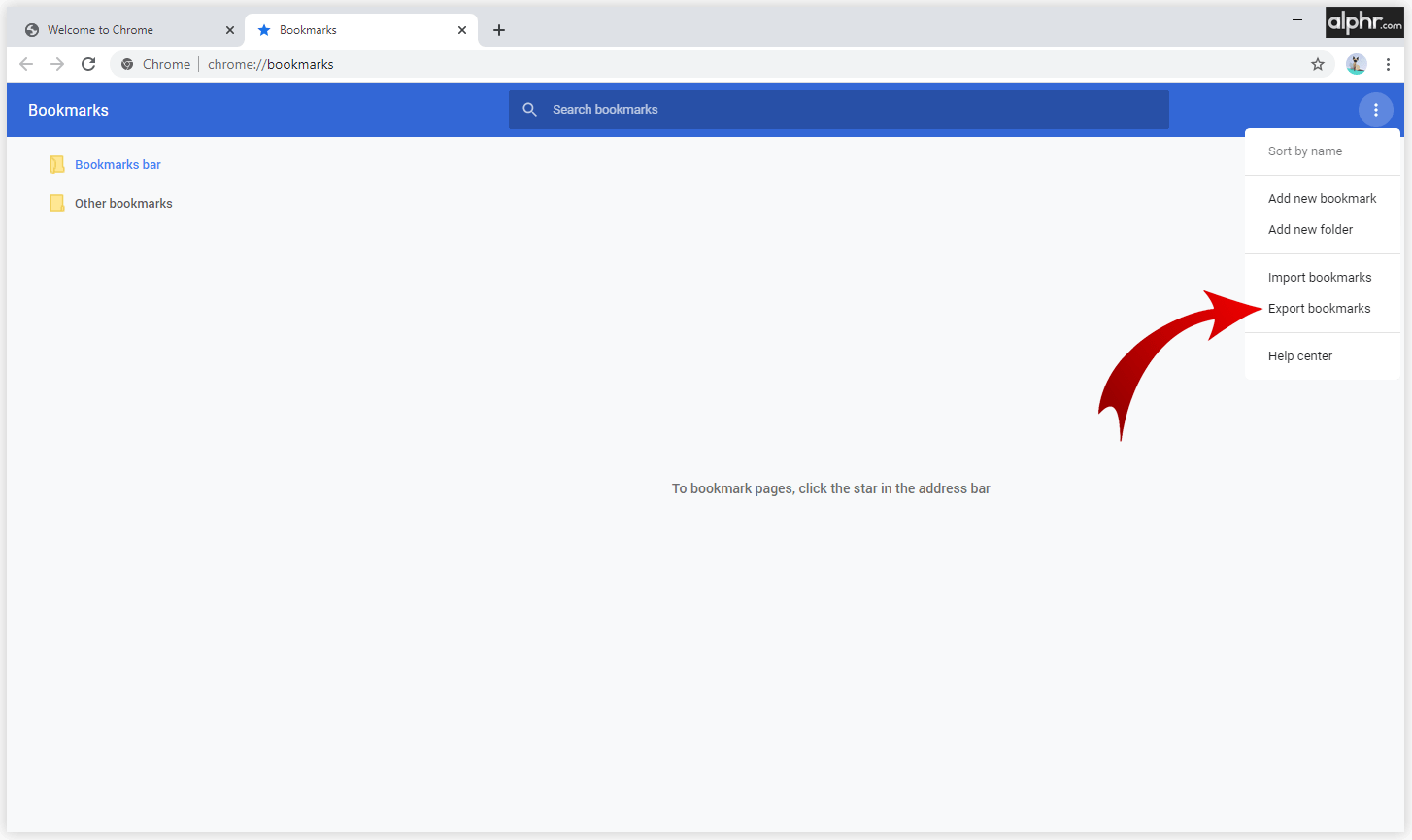 在书签管理器中,单击三点图标并选择导出书签。