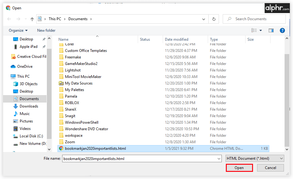 选择“为 HTML 文件添加书签”并通过“选择文件”进行确认。