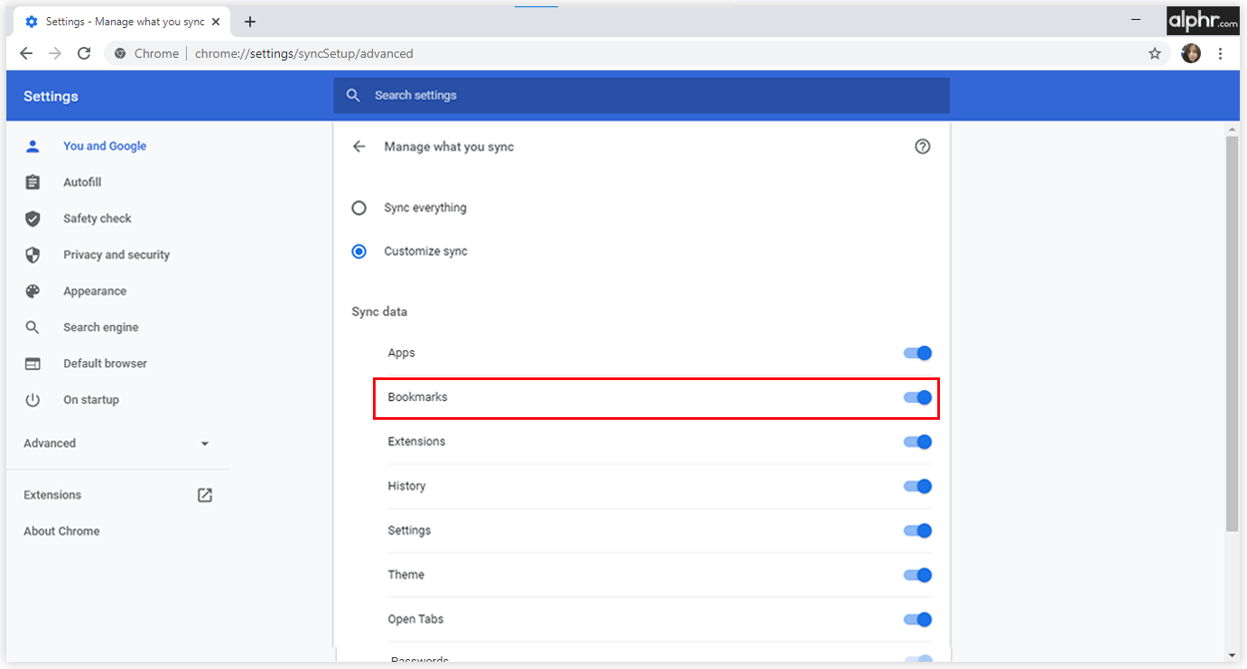 然后单击“管理同步”并打开“书签”旁边的开关。