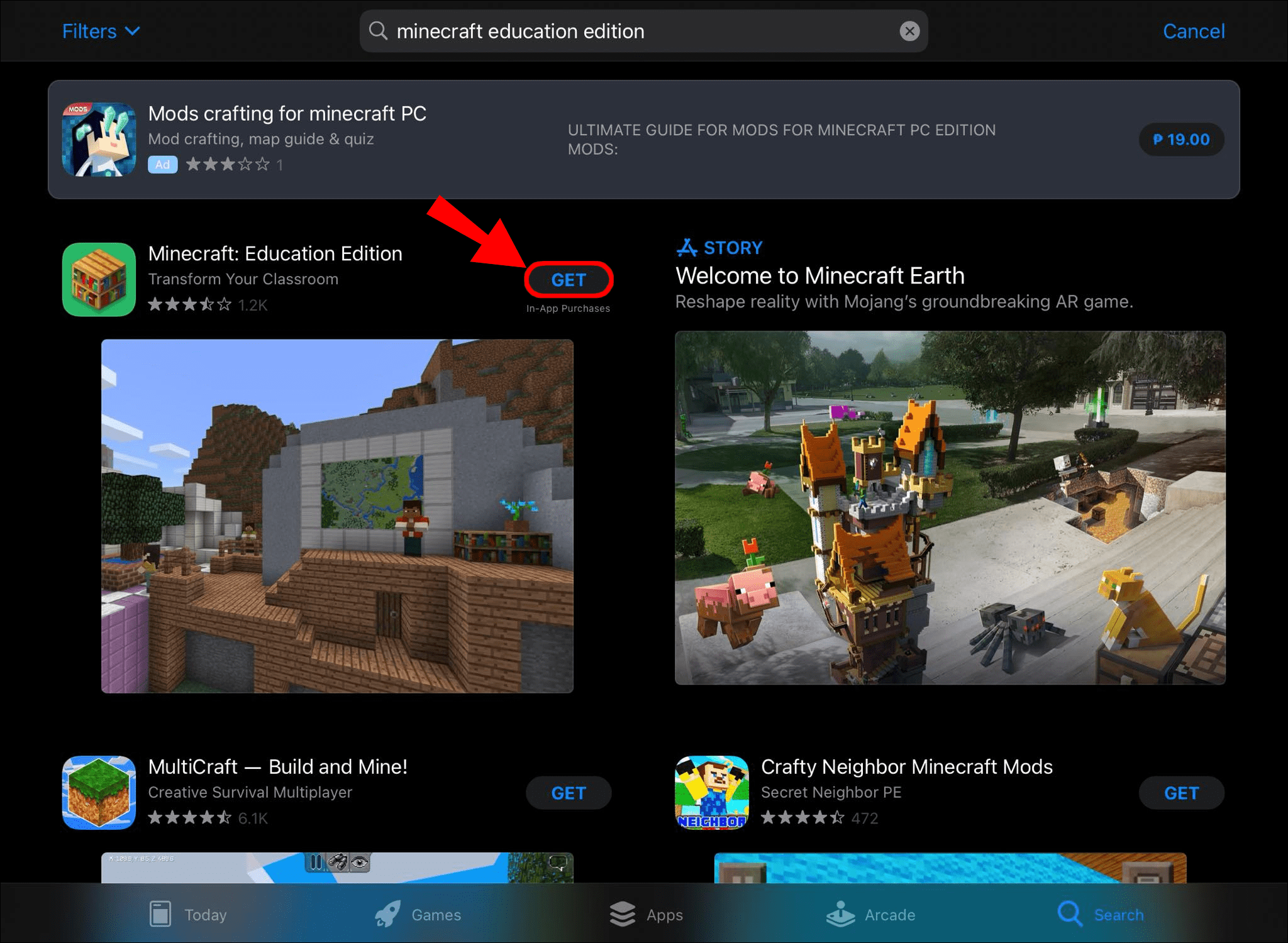查找并安装 Minecraft:教育版。
