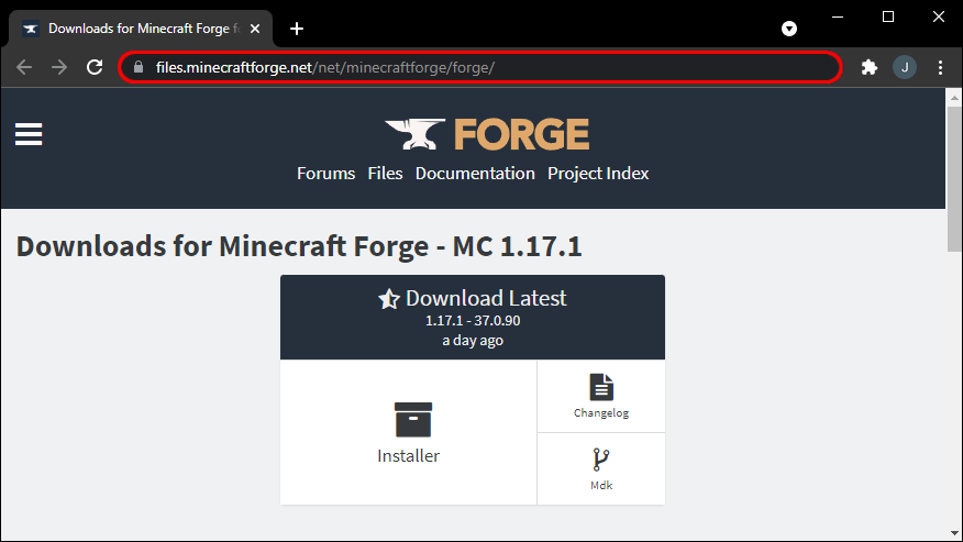 访问 Minecraft Forge 网站,然后单击左上角的三行图标以展开侧边栏菜单。