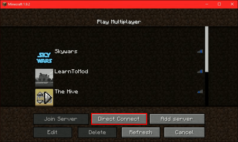 启动 Minecraft Java 并转到多人游戏 > 直接连接。