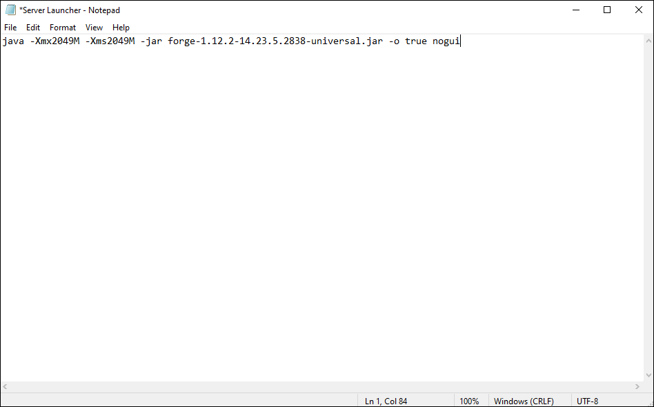将以下行粘贴到文档中:java -Xmx2048M -Xms2048M -jar forge-1.12.2-14.23.5.2838-universal.jar -o true nogui。 2048 部分表示服务器使用的 RAM 量(2 GB)。将其替换为 4096 以允许服务器使用 4 GB RAM。这有助于减少服务器延迟。