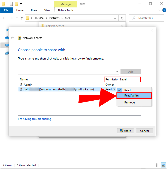如果您希望用户只能查看和打开该文件,请选择“读取”作为“权限级别”。如果您还希望能够修改和删除该项目,请选择读/写。