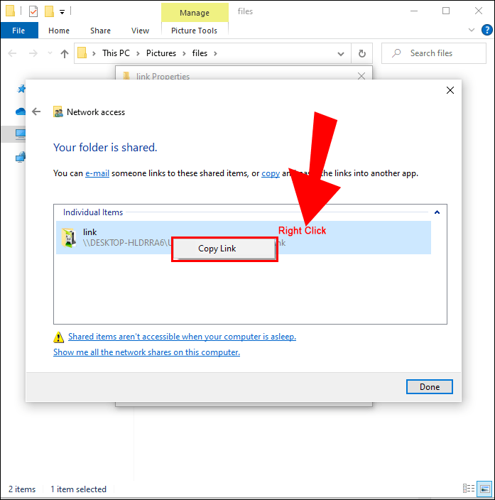 将链接复制到“文件共享”窗口中的共享文件夹。