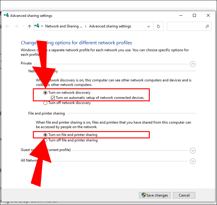 选中“打开网络发现”和“打开文件和打印机共享”旁边的框。