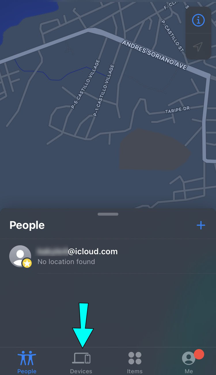 启动“查找我的”应用程序并单击“设备”。