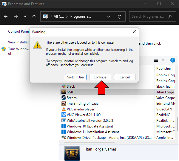 将显示一条确认消息。再次单击“继续”进行确认。