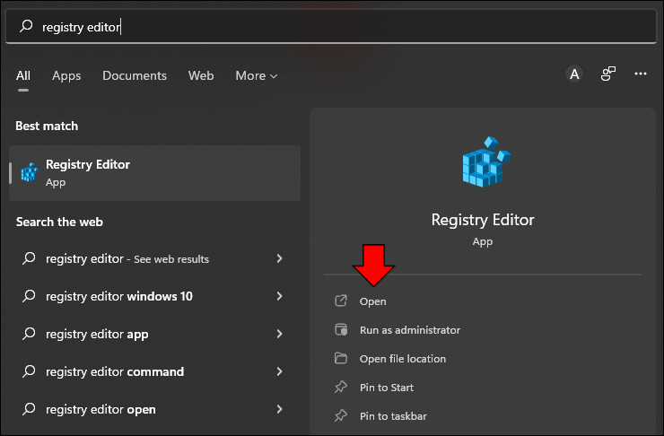 输入搜索词“注册表编辑器”并将其打开。