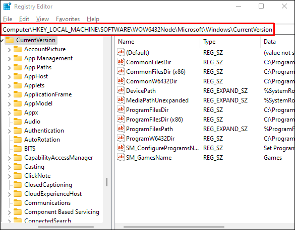 如果要删除存储在 C:\Program Files (x86) 中的 32 位应用程序，请在注册表编辑器中输入以下位置：Computer\HKEY_LOCAL_MACHINE\SOFTWARE\WOW6432Node\Microsoft\Windows\CurrentVersion\
