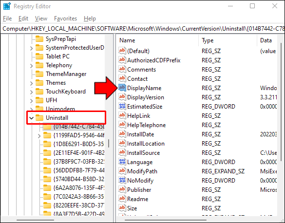 找到“CurrentVersion”文件夹（适用于 32 位/64 位应用程序）后，转到“卸载”文件夹并将其展开。所有已安装的应用程序都显示在这里。但是，您的应用程序可能有一个随机的字母数字名称。因此，要找到应用程序的实际名称，您需要打开该文件夹并从右侧打开其“DisplayName”子项。