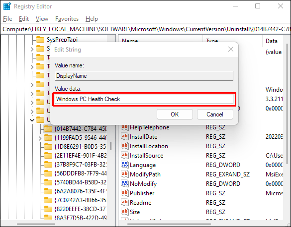 应用程序名称显示在“编辑字符串”窗口的“值数据”中。