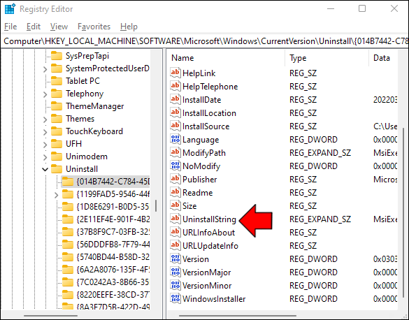 确定要删除的应用程序后，请在右侧找到“QuietUninstallString”或“UninstallString”。有些应用程序可能只有“UninstallString”。您可以使用这些子项中的任何一个来卸载该应用程序。