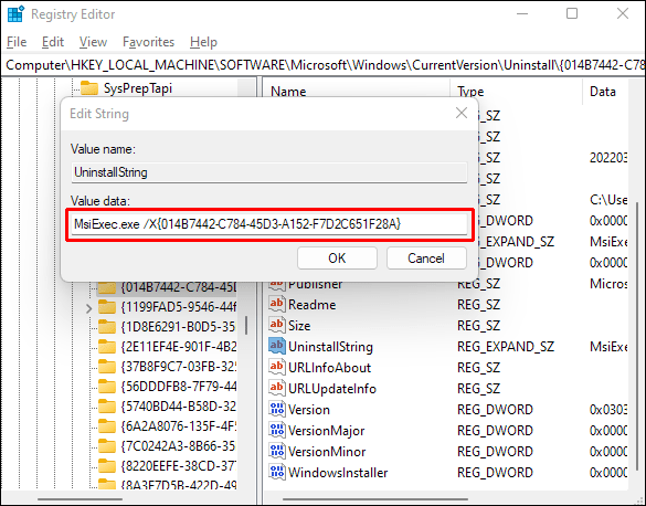 双击 QuietUninstallString 或 UninstallString 文件并复制值数据字段的内容。例如，如果您要卸载“Surfshark”应用程序，“值数据”将为：“C:\Program Files\Surfshark File Stream\53.0.8.0\uninstall.exe”