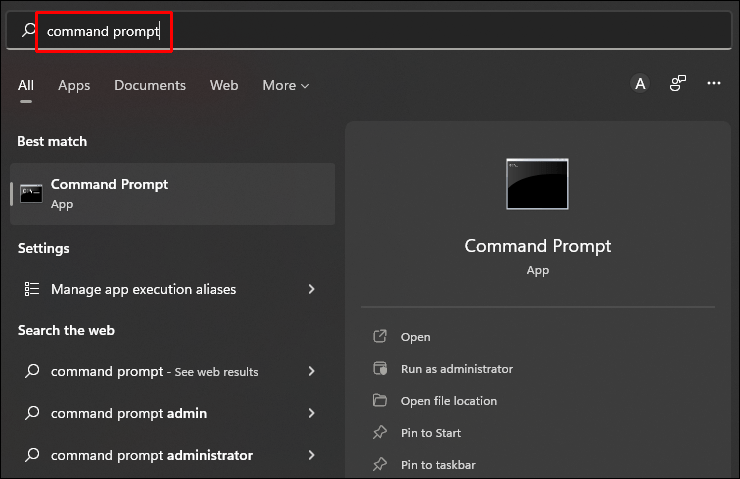 打开“开始”菜单并搜索“命令提示符”。