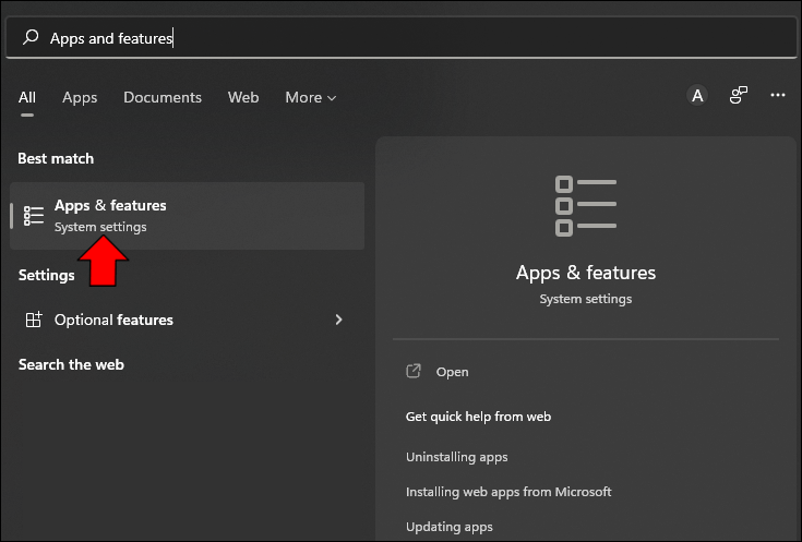 在搜索框中键入“应用程序和功能”，然后单击结果。