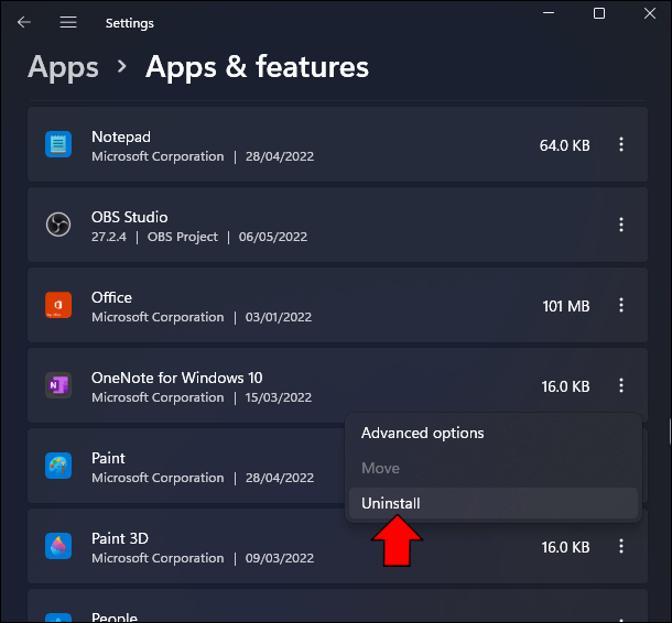 选择应用程序右侧的菜单图标，然后选择卸载。