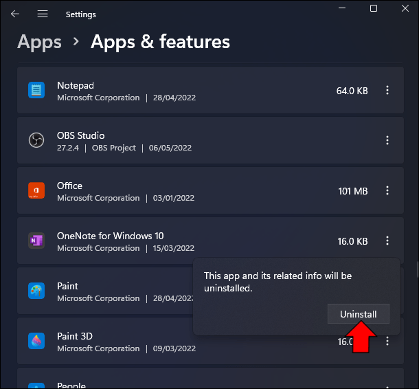 如果您确定要删除该应用程序，请再次单击“卸载”。