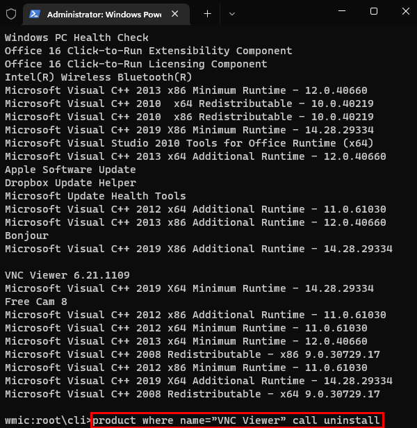 记下应用程序的实际名称并运行以下命令：product where name=