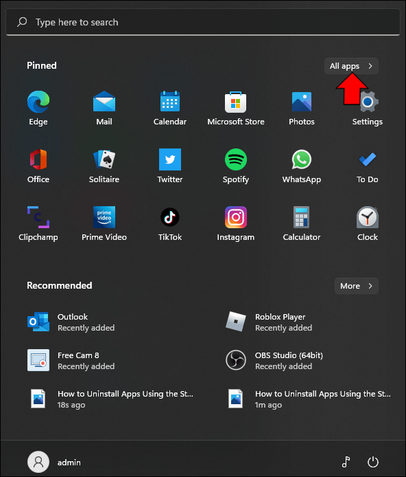 如果您的应用程序未列出，请选择固定应用程序组右侧的所有应用程序以查看完整的应用程序列表。