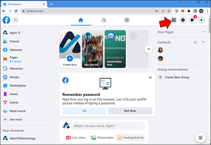 在 Facebook 仪表板上，单击导航栏中的菜单图标。