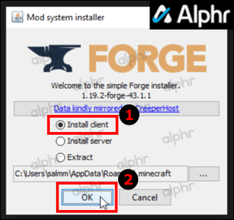 在 Forge 安装窗口中,确保选中“安装客户端”并单击“确定”。
