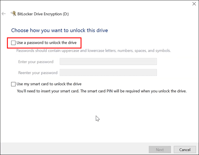 单击“使用密码解锁驱动器”旁边的框。