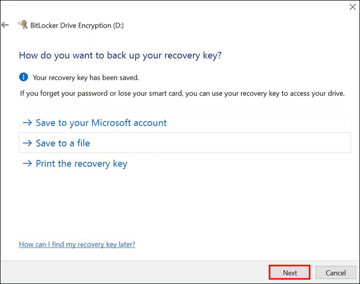 选择您想要如何保存恢复密钥。按“下一步”。