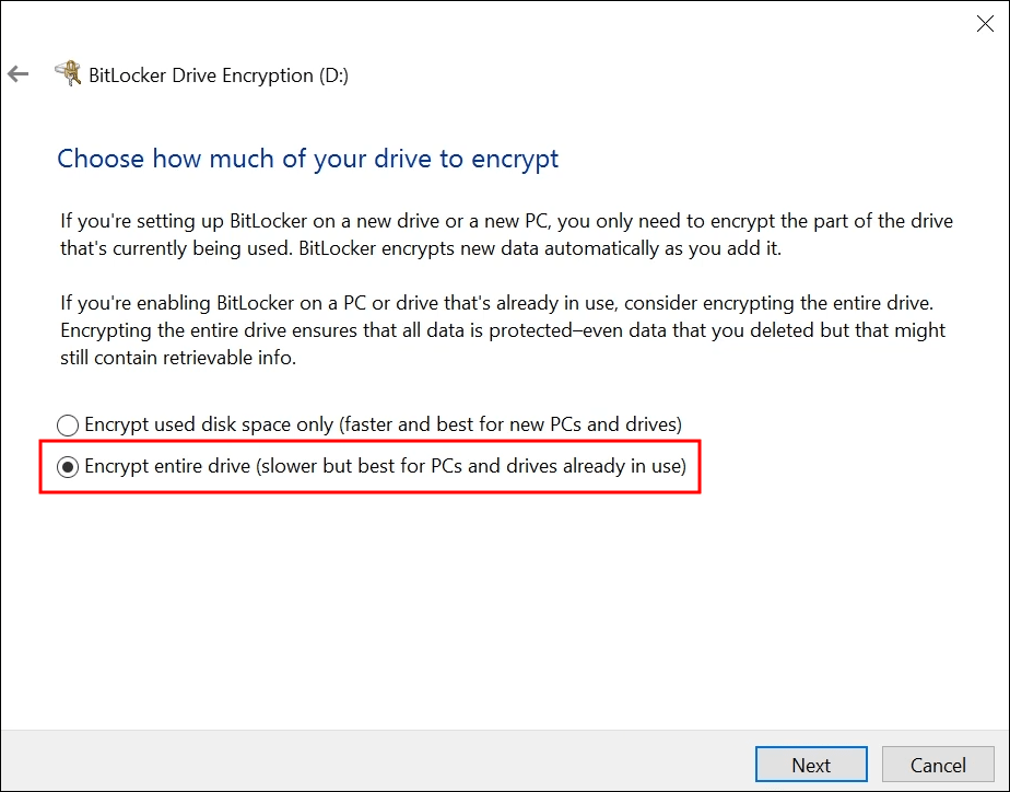当询问您要加密驱动器的哪一部分时,请选择加密整个驱动器。按“下一步”。