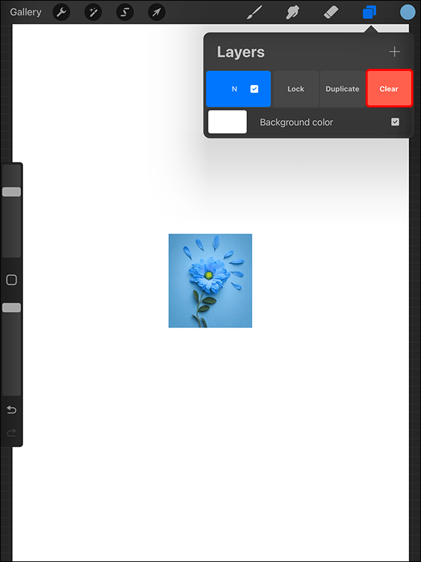 Избиране на Clear от действията на слоевете в Procreate