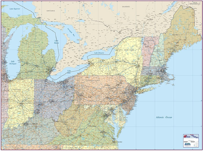 New Detailed Office Wall Map Of Northeast East Great Lakes Laminated 