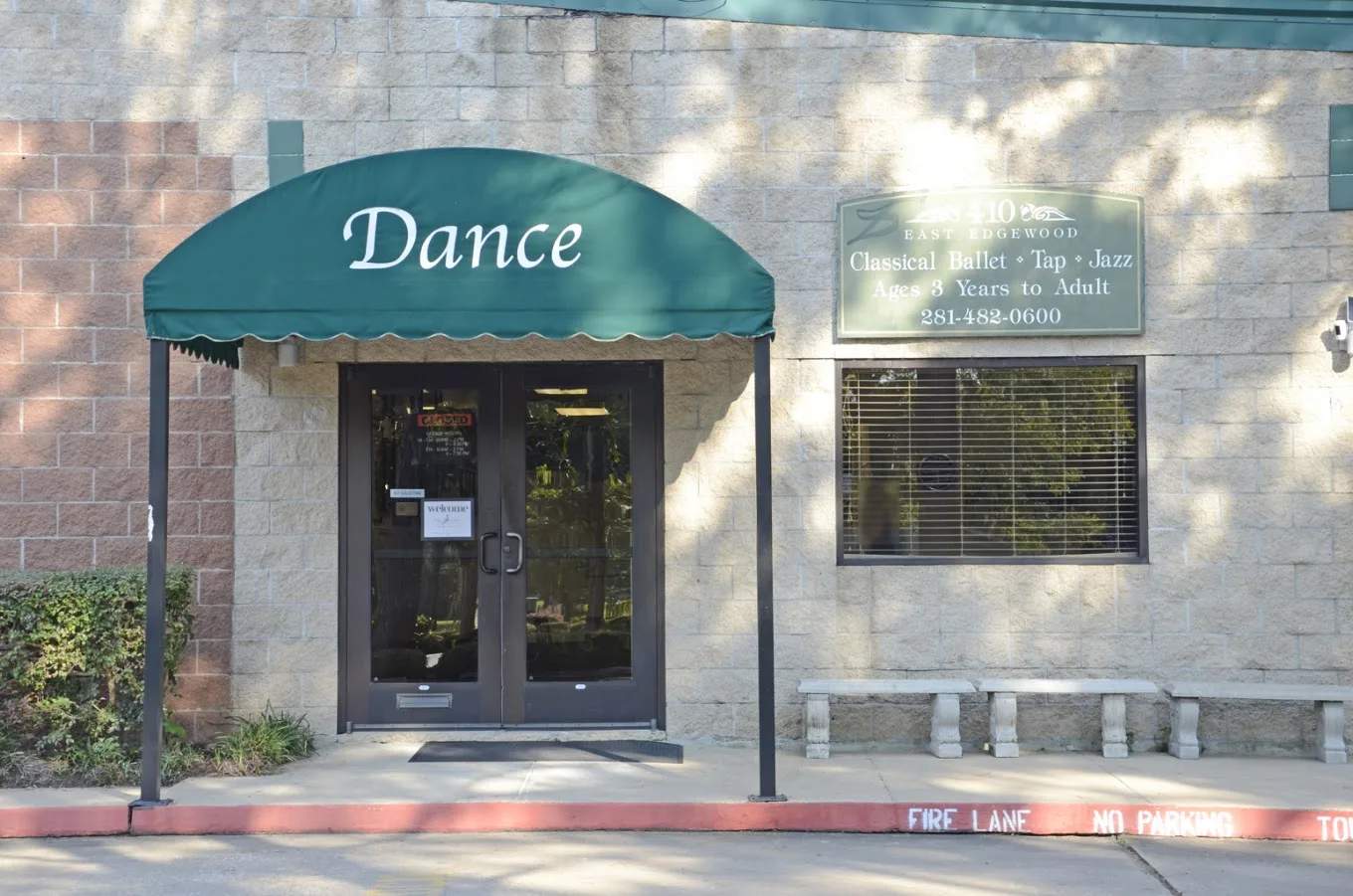 Amy Blake's Academy of Dance storefront entrance with Dance awning in Friendswood, Texas